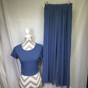 Ekouaer Blue Women's 2 pc Lounge Set Ribbed Short Sleeve Wide Leg Pants, Sz S
